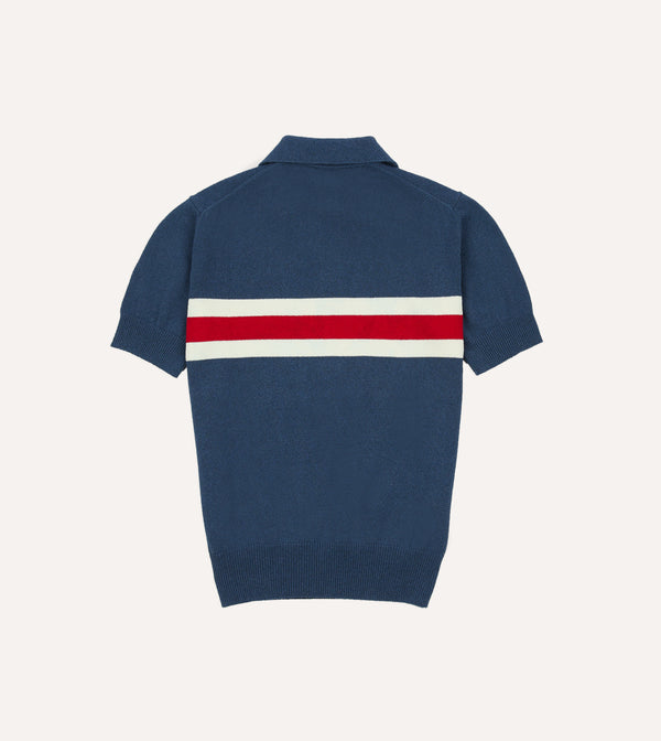 Drake's Blue Stripe Knitted Crepe Cotton Short-Sleeve Polo Shirt