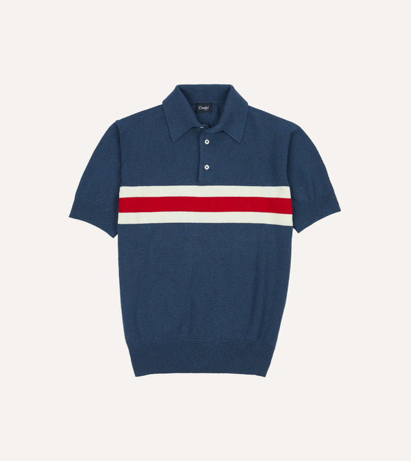 drake's Blue Stripe Knitted Crepe Cotton Short-Sleeve Polo Shirt