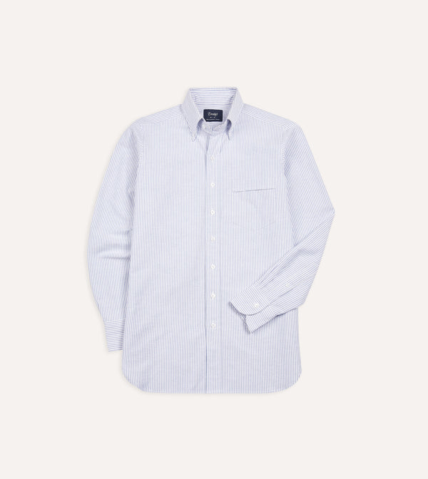 drake's Blue Ticking Stripe Cotton Oxford Cloth Button-Down Shirt