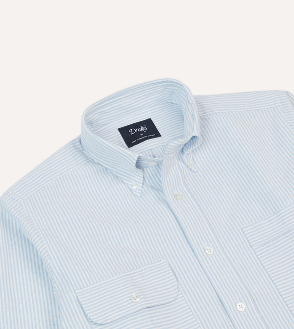 Drake's Blue Ticking Stripe Oxford Cloth Button-Down Work Shirt