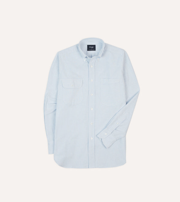 drake's Blue Ticking Stripe Oxford Cloth Button-Down Work Shirt