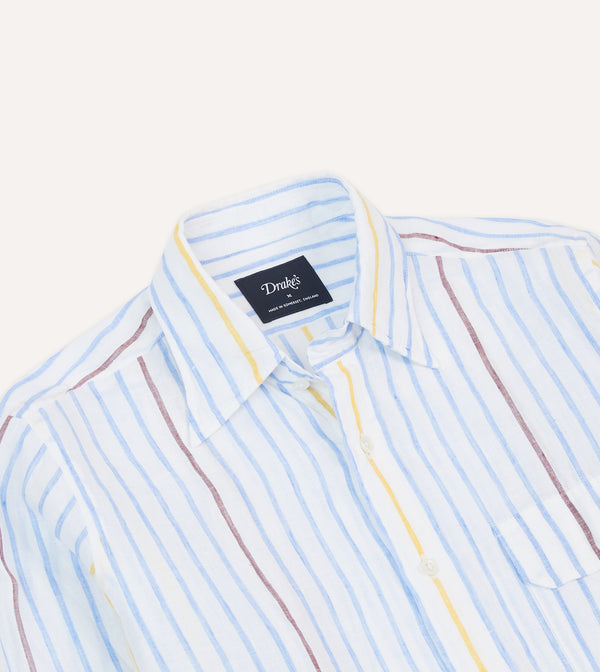 Drake's Blue White And Yellow Stripe Linen Long Point Collar Shirt
