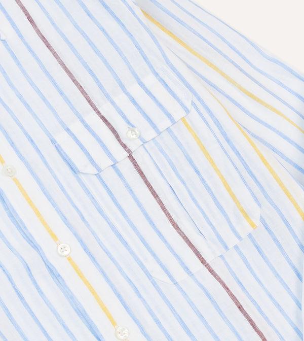 Drake's Blue White And Yellow Stripe Linen Long Point Collar Shirt
