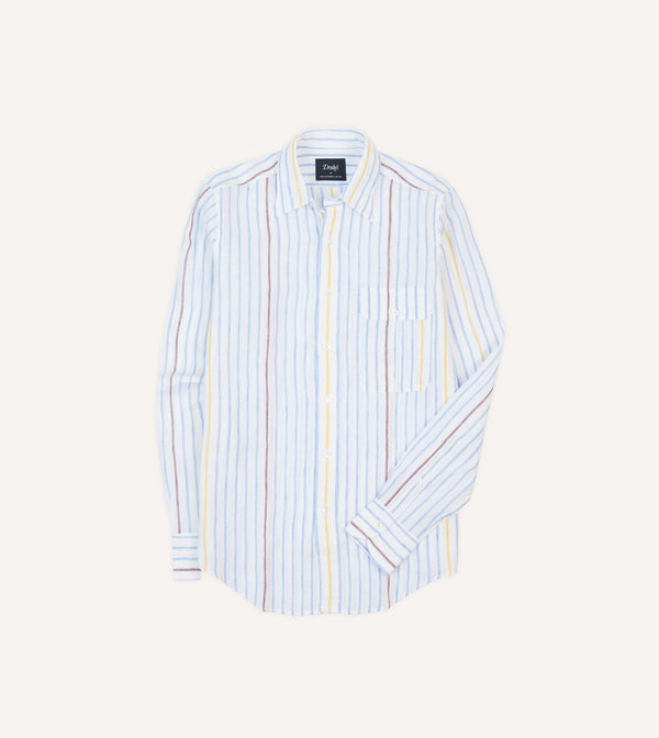 drake's Blue White and Yellow Stripe Linen Long Point Collar Shirt