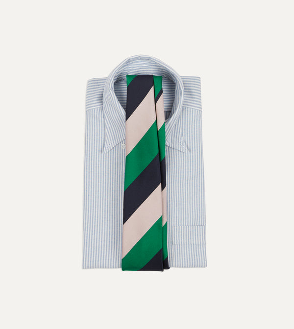 Drake's Bright Green Navy And White Stripe Tipped Repp Silk Tie