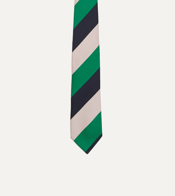 Drake's Bright Green Navy And White Stripe Tipped Repp Silk Tie