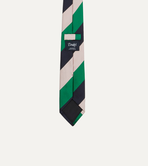 Drake's Bright Green Navy And White Stripe Tipped Repp Silk Tie
