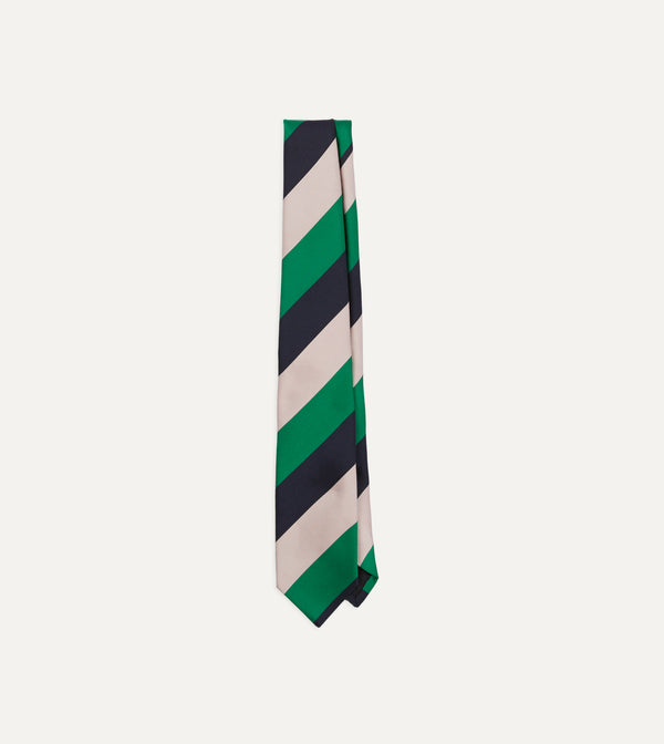 drake's Bright Green Navy and White Stripe Tipped Repp Silk Tie
