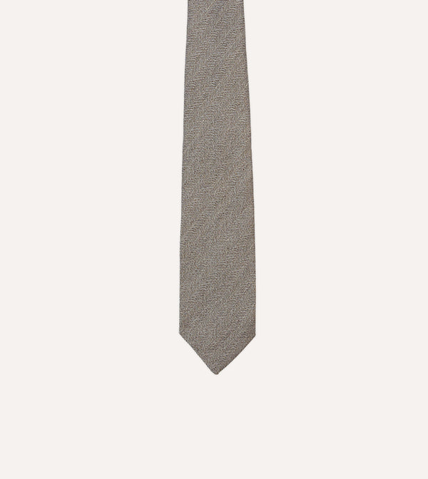 Drake's Brown And Ecru Herringbone Linen Silk Tipped Tie
