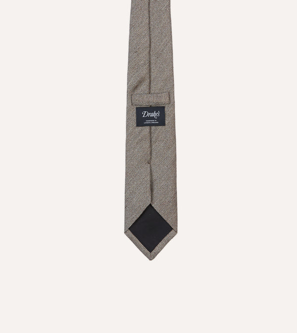 Drake's Brown And Ecru Herringbone Linen Silk Tipped Tie