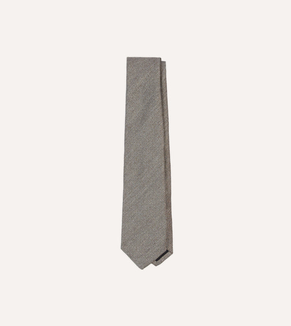 drake's Brown and Ecru Herringbone Linen Silk Tipped Tie