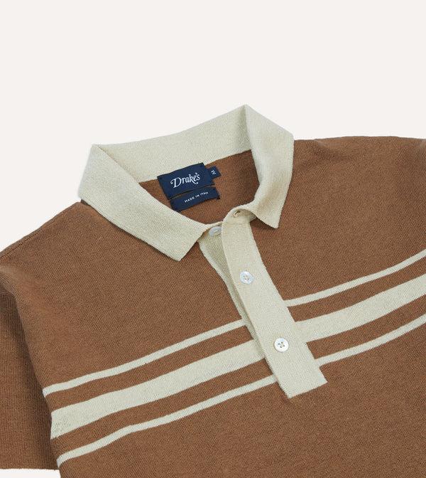 Drake's Brown And Ecru Linen Cotton Knitted Rugby Shirt