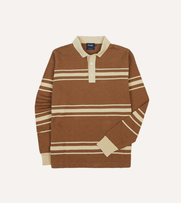 drake's Brown and Ecru Linen Cotton Knitted Rugby Shirt