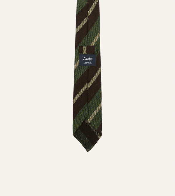 Drake's Brown And Green Block Stripe Herringbone Hand Rolled Shetland Wool Tie