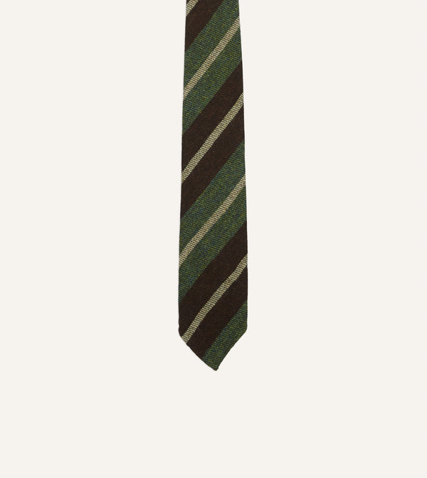 Drake's Brown And Green Block Stripe Herringbone Hand Rolled Shetland Wool Tie