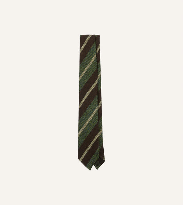 drake's Brown and Green Block Stripe Herringbone Hand Rolled Shetland Wool Tie