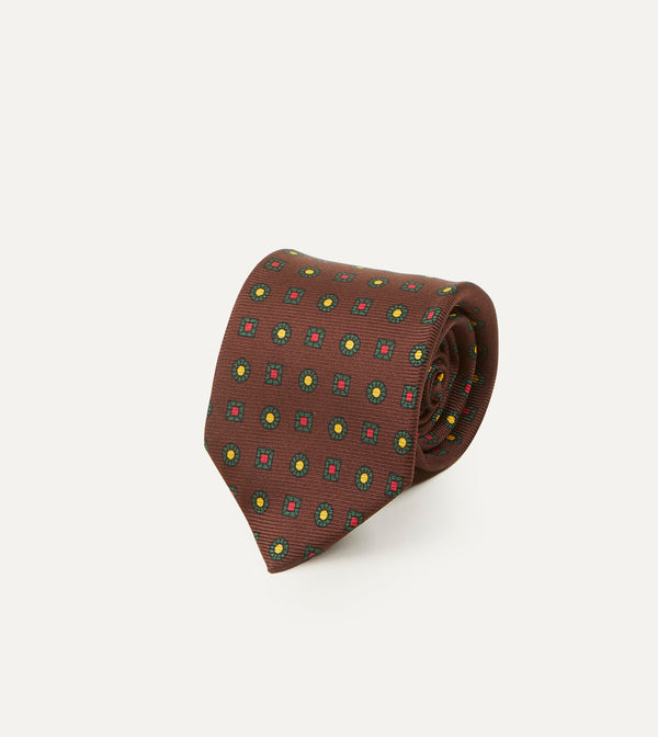 Drake's Brown And Green Geometric Medallion Print Madder Twill Silk Tie