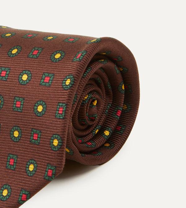 Drake's Brown And Green Geometric Medallion Print Madder Twill Silk Tie