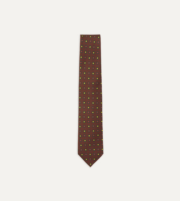 drake's Brown and Green Geometric Medallion Print Madder Twill Silk Tie