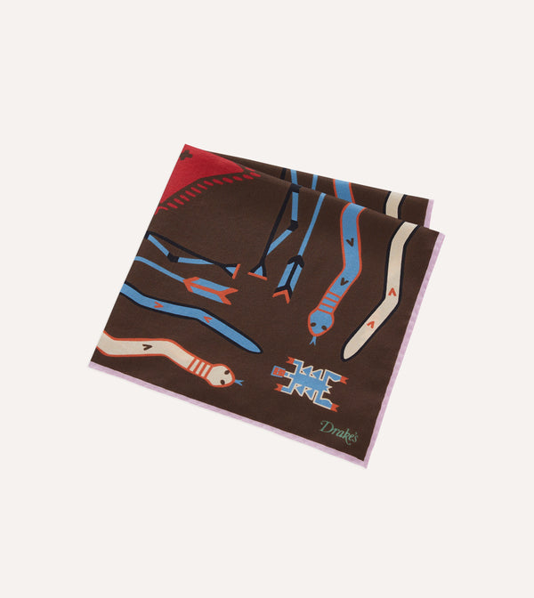 Drake's Brown And Pink Tribal Print Silk Pocket Square