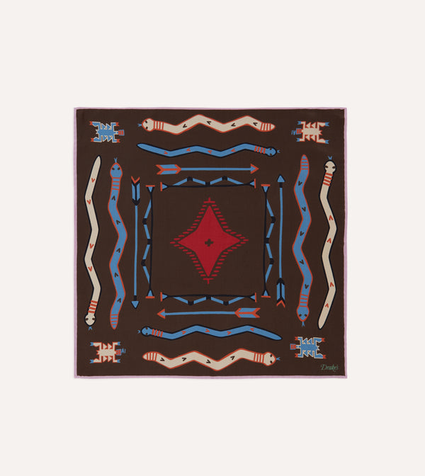 drake's Brown and Pink Tribal Print Silk Pocket Square