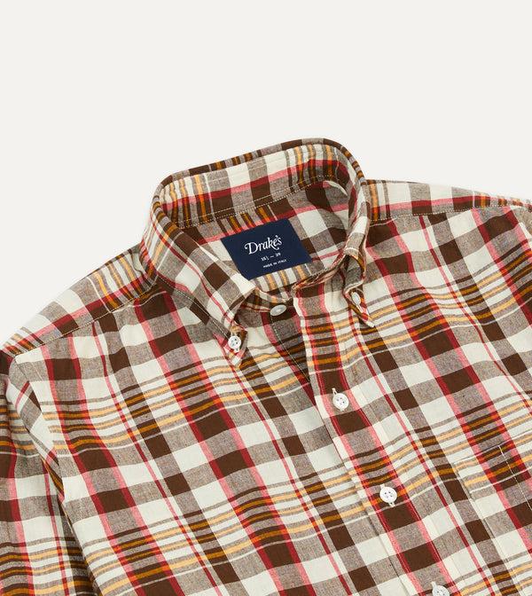 Drake's Brown And Red Madras Check Cotton Button-Down Shirt