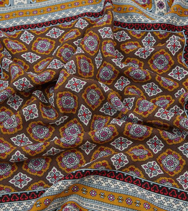Drake's Brown Blue And Gold Floral Medallion Print Wool-Silk Bandana
