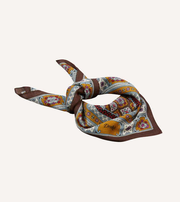 Drake's Brown Blue And Gold Floral Medallion Print Wool-Silk Bandana