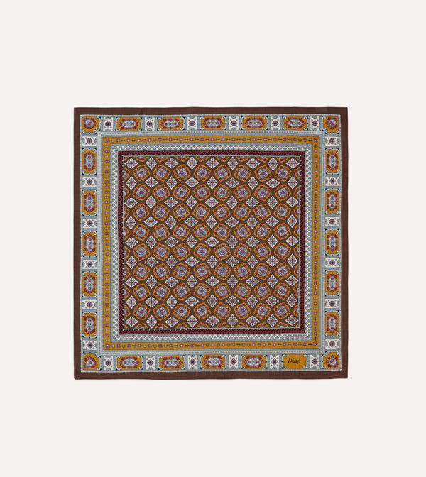 drake's Brown Blue and Gold Floral Medallion Print Wool-Silk Bandana