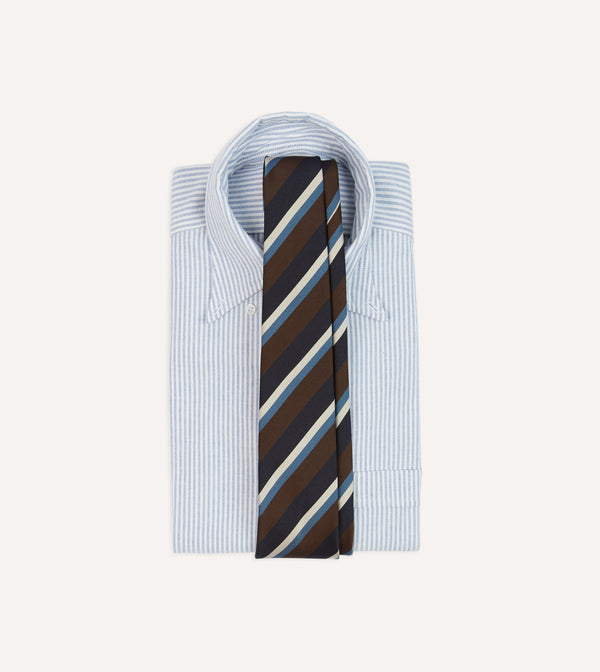 Drake's Brown Blue And White Multi Stripe Mogador Silk Tipped Tie