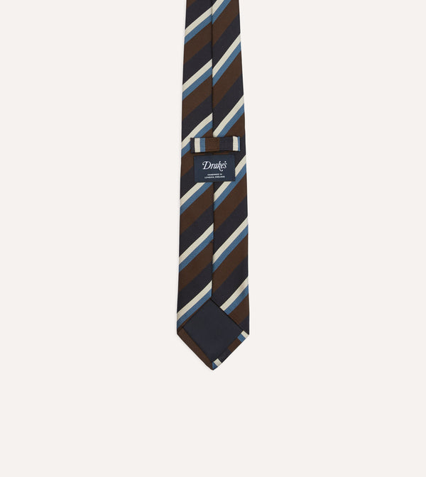 Drake's Brown Blue And White Multi Stripe Mogador Silk Tipped Tie