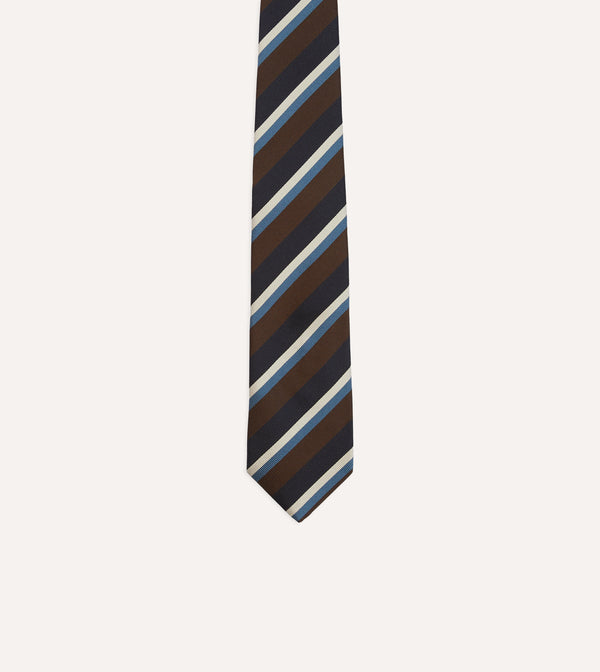 Drake's Brown Blue And White Multi Stripe Mogador Silk Tipped Tie