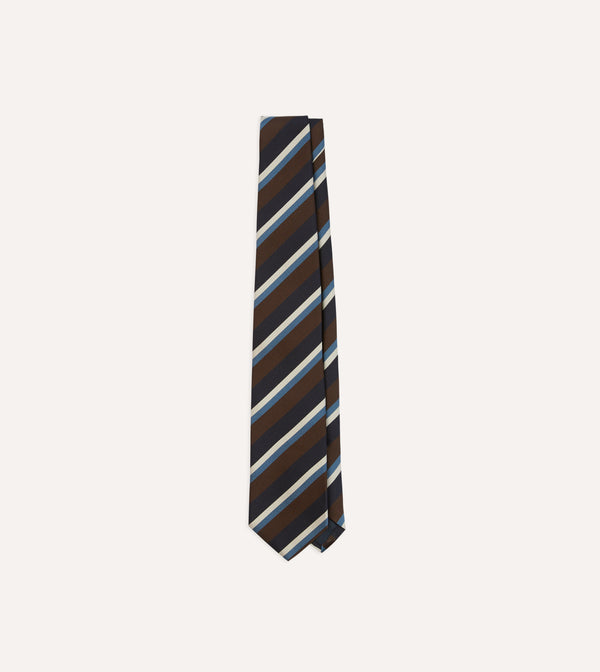 Drake's Brown Blue And White Multi Stripe Mogador Silk Tipped Tie