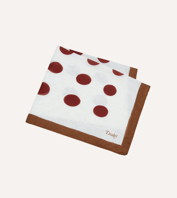 Drake's Brown Ecru And Red Large Spots Print Cotton-Silk Pocket Square