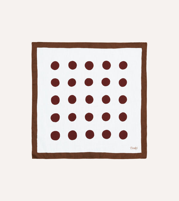 drake's Brown Ecru and Red Large Spots Print Cotton-Silk Pocket Square