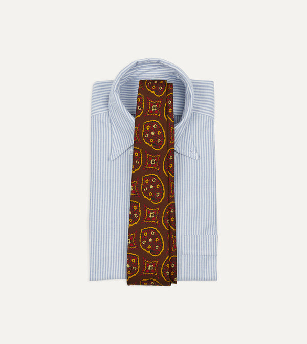 Drake's Brown Exploded Paisley Print Silk Self Tipped Tie