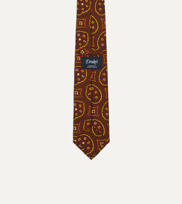 Drake's Brown Exploded Paisley Print Silk Self Tipped Tie