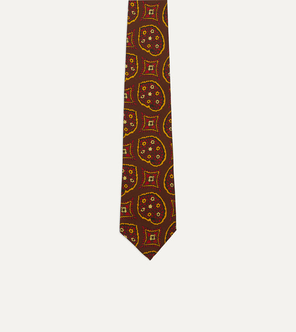 Drake's Brown Exploded Paisley Print Silk Self Tipped Tie