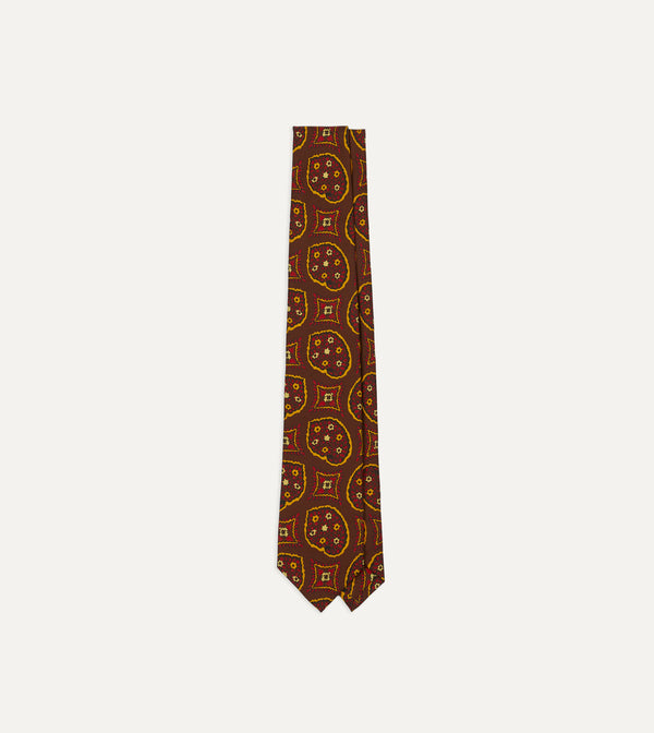 drake's Brown Exploded Paisley Print Silk Self Tipped Tie