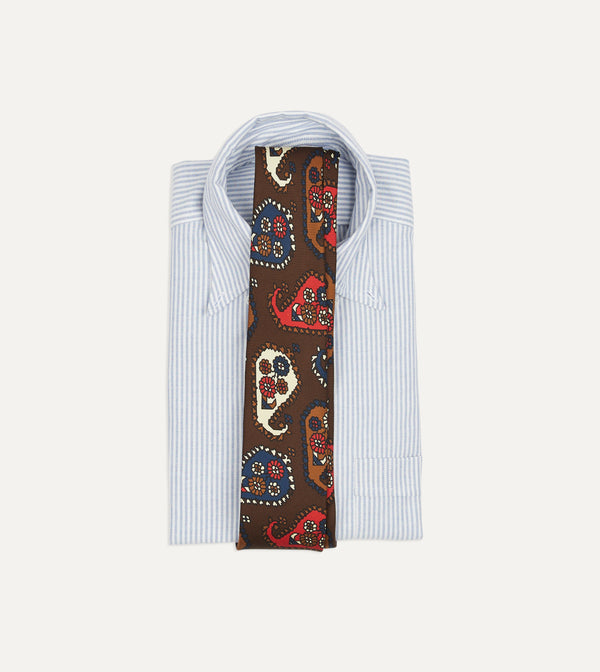 Drake's Brown Geometric Paisley Print Twill Silk Tipped Tie