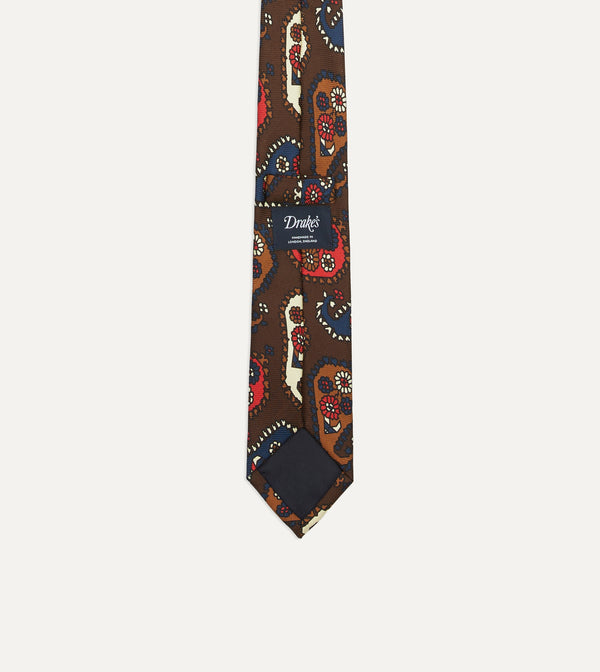 Drake's Brown Geometric Paisley Print Twill Silk Tipped Tie