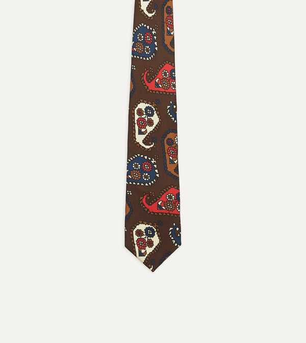 Drake's Brown Geometric Paisley Print Twill Silk Tipped Tie
