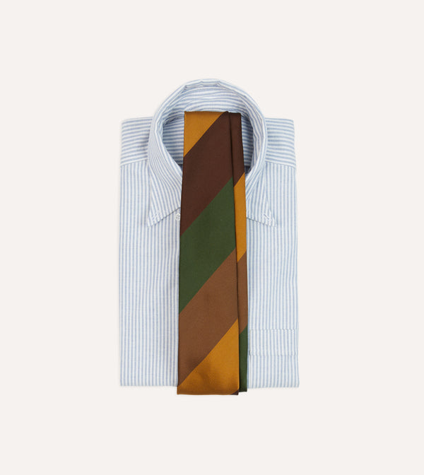Drake's Brown Green And Yellow Wide Stripe Repp Silk Cotton Tipped Tie