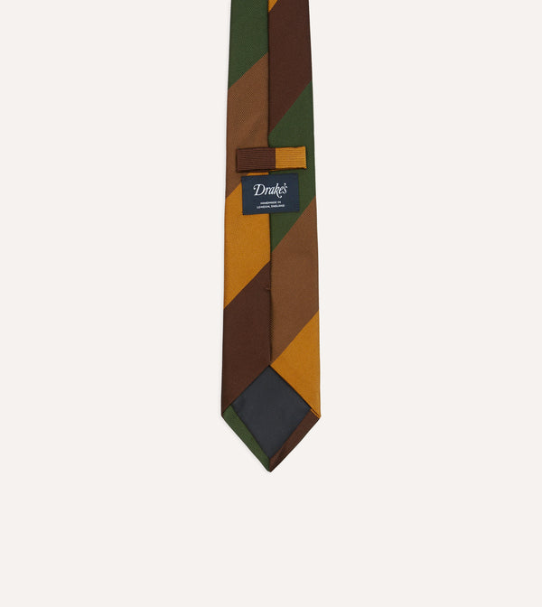 Drake's Brown Green And Yellow Wide Stripe Repp Silk Cotton Tipped Tie