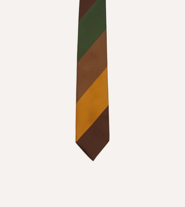 Drake's Brown Green And Yellow Wide Stripe Repp Silk Cotton Tipped Tie
