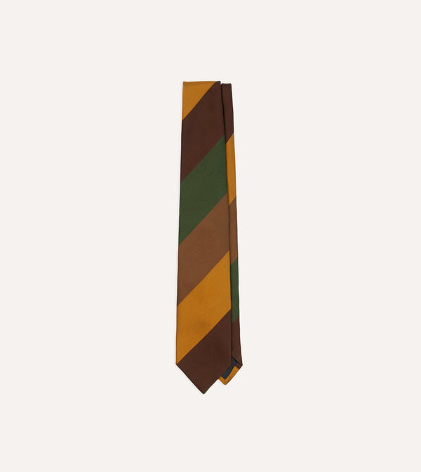 drake's Brown Green and Yellow Wide Stripe Repp Silk Cotton Tipped Tie