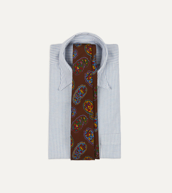 Drake's Brown Large Paisley Print Silk Self Tipped Tie