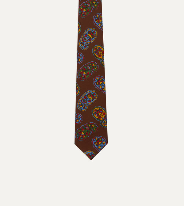 Drake's Brown Large Paisley Print Silk Self Tipped Tie