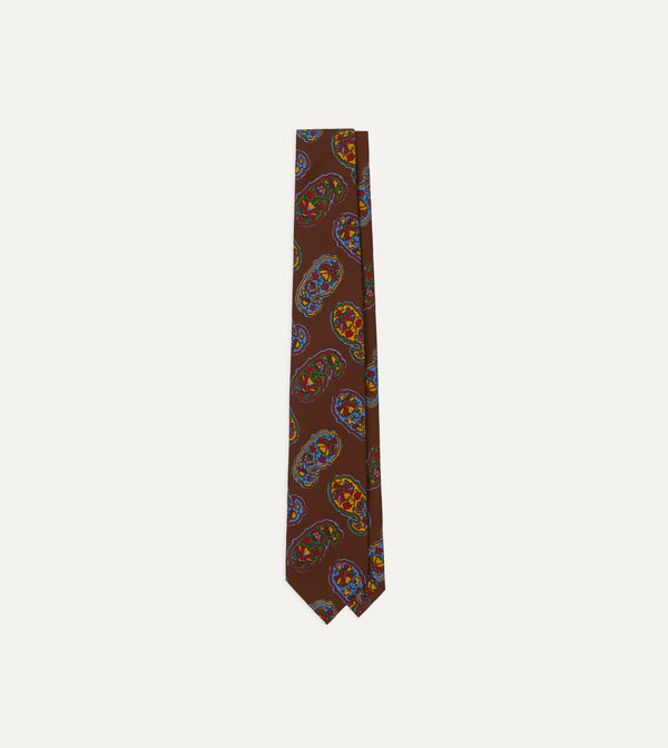 drake's Brown Large Paisley Print Silk Self Tipped Tie