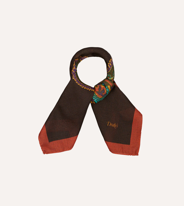 Drake's Brown Large Paisley Print Wool-Silk Bandana